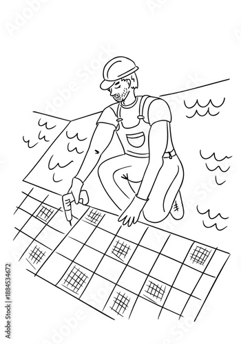 Hand drawn vector illustration of a construction worker installing floor tile with tool on building site interior. The concept represents skilled labor, renovation process and manual work profession