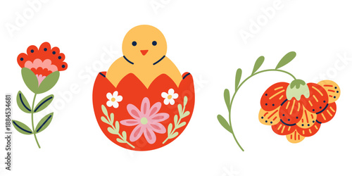 Hand drawn vector illustration of cute folk style easter chick sitting in decorated egg with floral elements. The concept represents spring holiday celebration, easter tradition