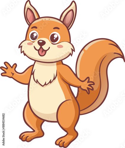 A charming cartoon squirrel cheerfully waves with an inviting and friendly gesture