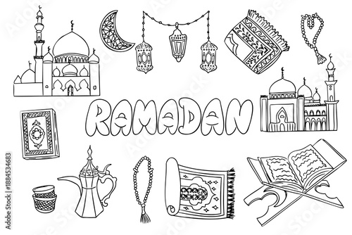 Hand drawn vector illustration set with Ramadan symbols including mosque, lantern, prayer rug, book and decorative elements in outline style. The concept represents Islamic tradition, holy celebration