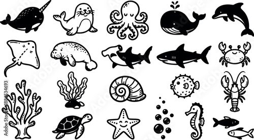 Line art marine animal sticker set with narwhal seal octopus whale dolphin and happy starfish arranged in rows black silhouette