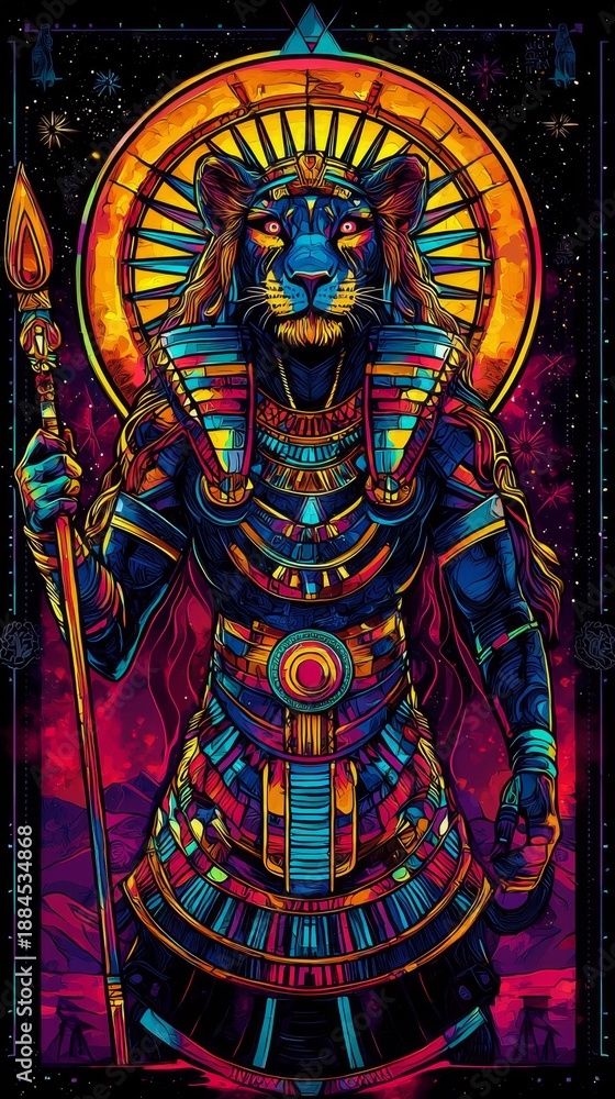 Fototapeta premium A fierce lioness goddess, Sekhmet, commands a vibrant synthwave aesthetic. 