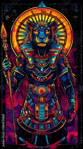 A fierce lioness goddess, Sekhmet, commands a vibrant synthwave aesthetic. 