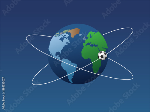 Globe orbiting a soccer ball on blue background. Suitable for sports, global events, soccer championships, travel, and athletic promotions.