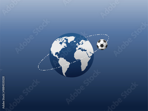 Globe orbiting a soccer ball on blue background. Suitable for sports, global events, soccer championships, travel, and athletic promotions.