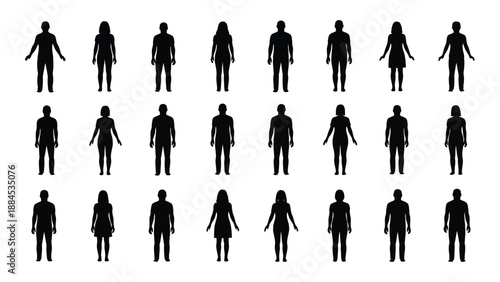 Silhouettes of various human figures isolated on white background, Vector