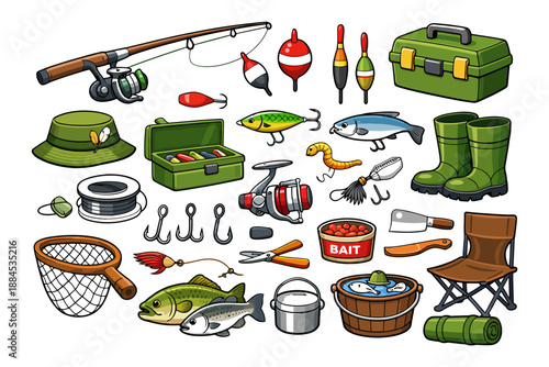 Essential fishing gear collection with rods, lures, and tackle box.