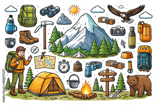 Adventure camping essentials: illustrated outdoor exploration with young caucasian male.