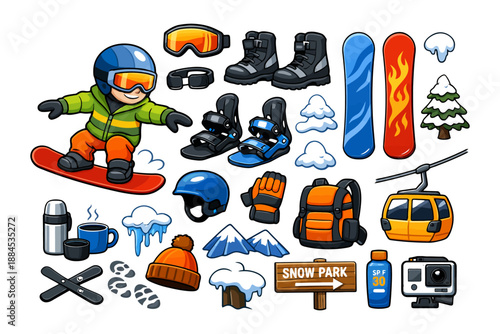Snowboarding essentials with cartoon child and gear items.