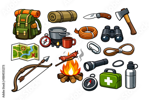 Camping gear essentials: backpack, compass, knife, rope, binoculars, map, and more.
