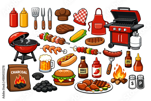 Variety of grilling tools and bbq foods with grill and ingredients.