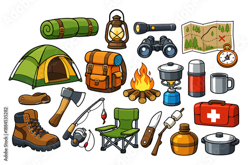 Camping gear collection: tent, backpack, lantern, campfire, and outdoor essentials.