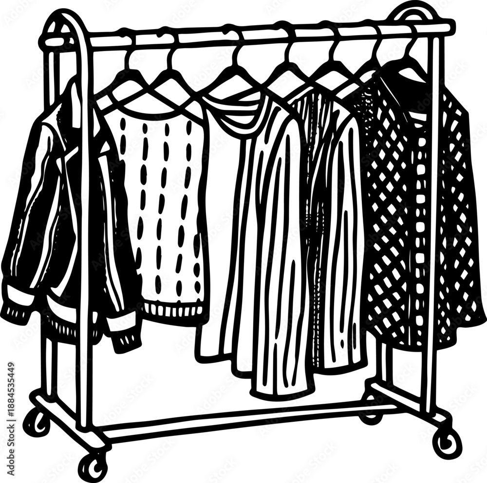 custom made wallpaper toronto digitalA black and white sketch of a rolling garment rack filled with jackets and shirts.