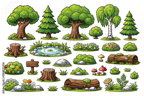 Colorful cartoon forest elements with trees, plants, and mushrooms.