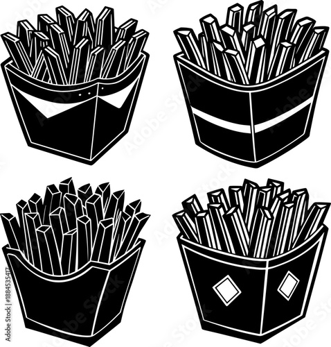 Set of A bold black and white vector icon of a carton filled with potato fries.