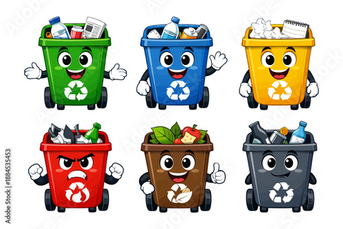 Colorful cartoon recycling bins with expressions and waste types.