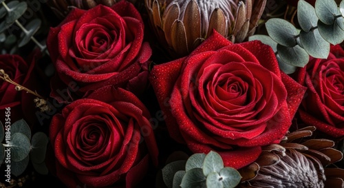Illustration of closeup of beautiful bouquet with red roses and eucalyptus leaves on dark background
