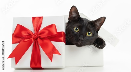 Illustration of curious black cat peeking out from behind a white gift box with a red bow isolated on white background