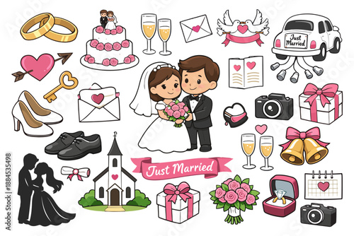 Wedding celebration cartoon elements: bride and groom, cake, rings, and more.