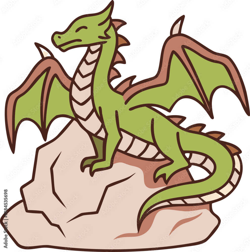 Fototapeta premium A charming green dragon rests peacefully upon a rocky outcrop in illustration