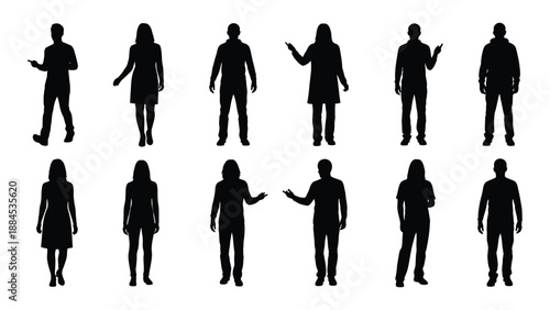 Silhouettes of people in various poses isolated on white background, Vector