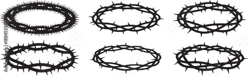 thorn circle frames hand drawn black outline, rough barbed ring border illustration set, grunge circular decorative elements
