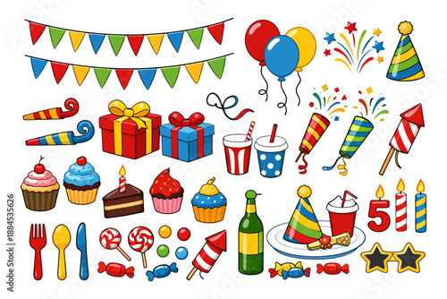 Colorful birthday celebration elements: balloons, gifts, cakes, and party decorations.