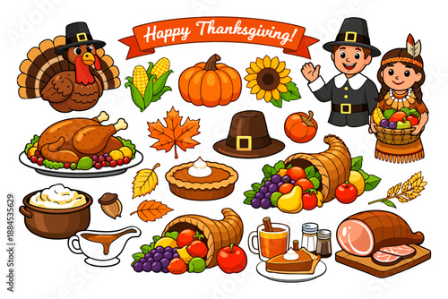 Thanksgiving celebration icons with pilgrims, turkey, and harvest elements.