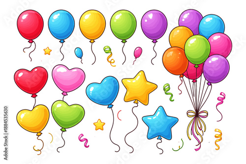 Colorful heart, star, and round balloons with ribbons on white background.