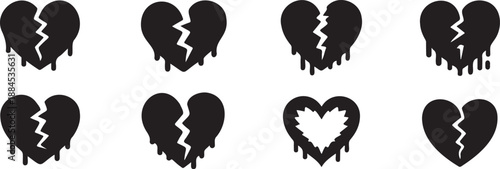 broken heart icons set love pain symbol, heartbreak emotion illustration black silhouette, relationship sadness icons collection