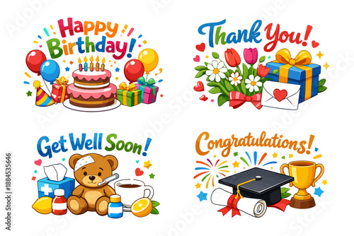 Colorful celebration graphics for birthday, thank you, get well, and congratulations messages.