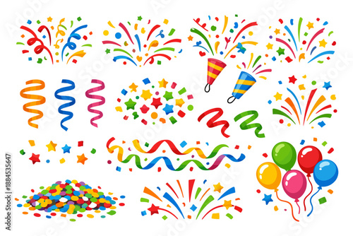 Colorful party decorations with confetti, streamers, and balloons.