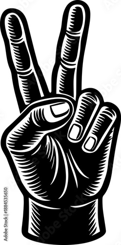 A bold black and white vector illustration of a hand showing the V sign.