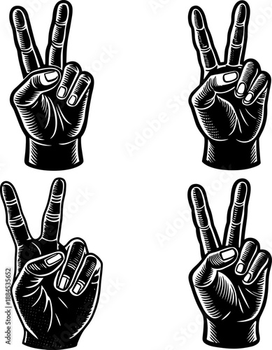 Set of A bold black and white vector illustration of a hand showing the V sign.