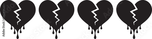 dripping broken heart silhouettes love pain symbol, emotional heartbreak illustration black ink style, damaged love icons with drip effect