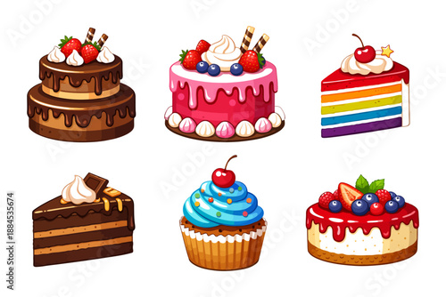 Assorted colorful cakes: chocolate, fruit, rainbow, and cupcake variety.