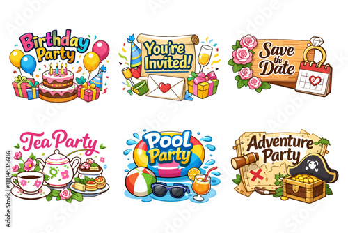 Colorful party invitations: birthday, tea, pool, adventure themes.