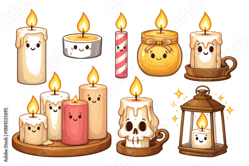 Cute kawaii candle illustrations with adorable faces and skulls.