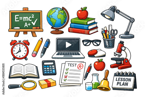 Colorful collection of educational tools and study items for classroom learning.