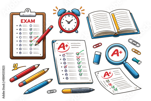 Exam success symbolized by a+ grade and study tools.