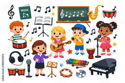 Children playing musical instruments in classroom setting.