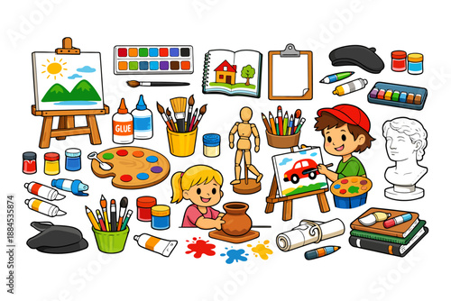 Children engaged in creative art activities with painting and sculpting supplies.