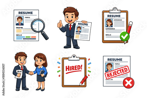 Cartoon job application process with resumes and characters.