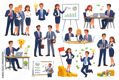 Business team collaboration and success with presentations and innovation.