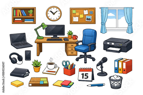 Home office workspace with desk, computer, and office supplies.