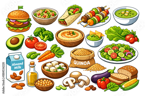 Variety of colorful vegan foods including vegetables, fruits, and grains.