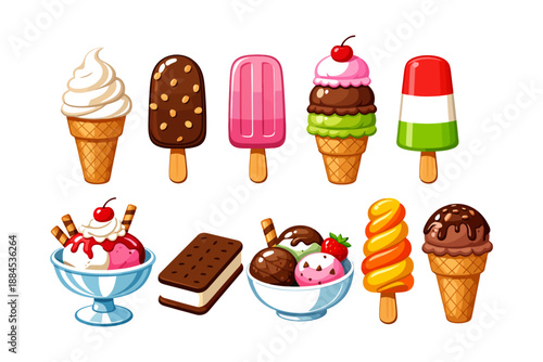 Variety of colorful ice cream treats including cones and popsicles.