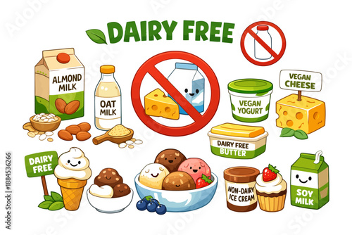 Dairy-free products: almond, oat, and soy milk options with vegan butter and cheese.