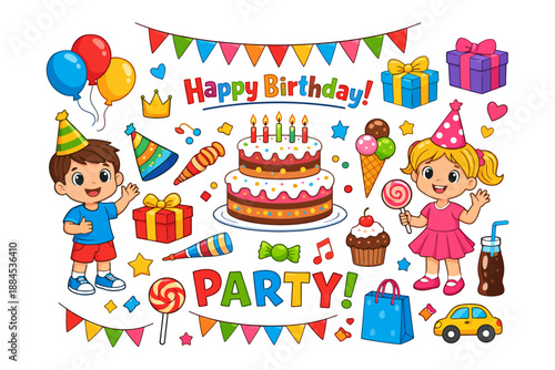 Colorful children's birthday party celebration with cake and decorations.