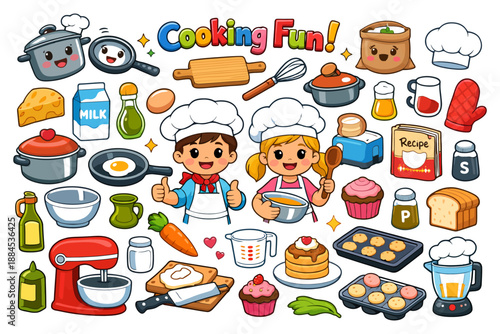 Cartoon kids cooking: fun kitchen adventure with boys and girls in chef hats making food.